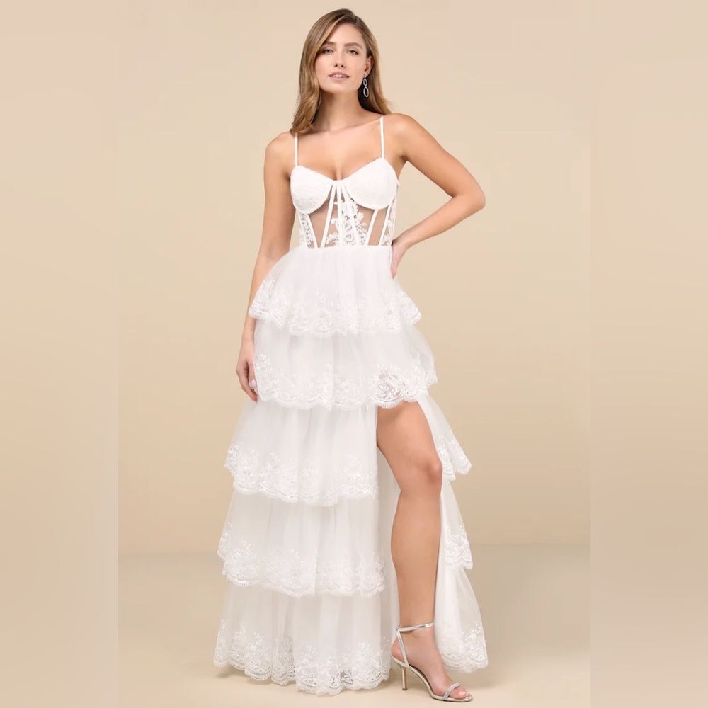 Lulus Alluring Sensation White Tulle Embroidered Tiered Maxi Dress